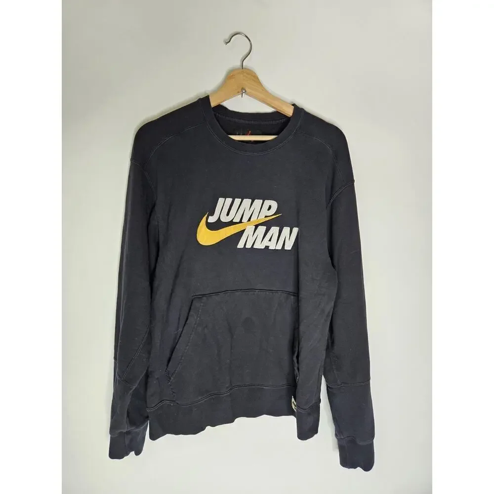 Y2k Nike Air Jordan Jumpman Fleece Crew Black S Kangaroo Pocket Swoosh Pullover